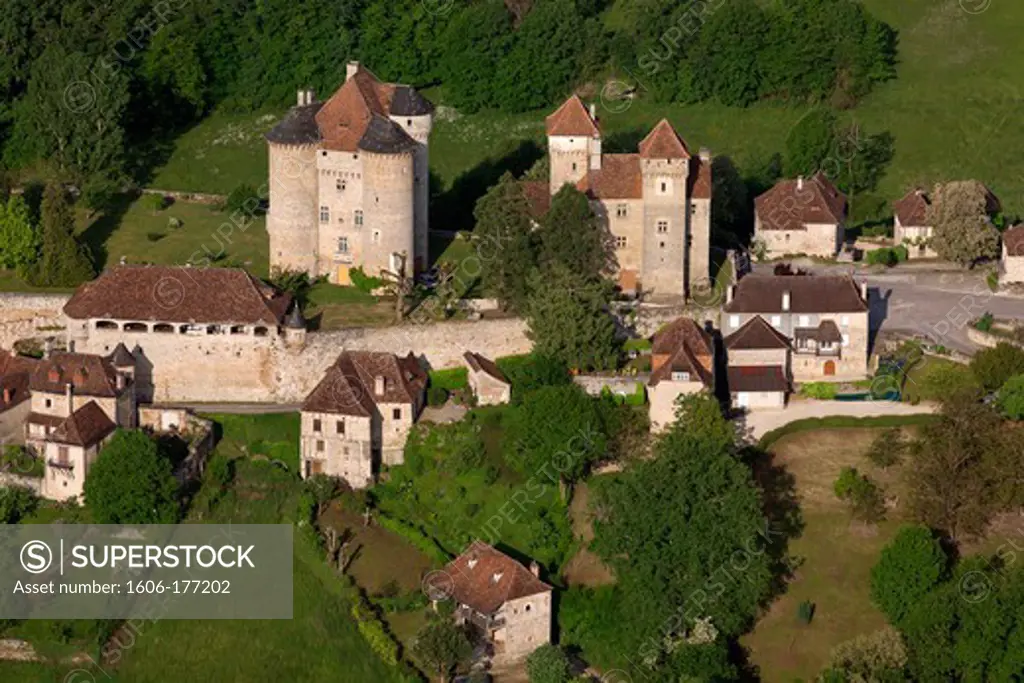 France, Correze (19), Curemonte, village labeled The Most Beautiful Villages of France, the castles of Saint-Hilaire and Plas are a set of two castles, (aerial view),