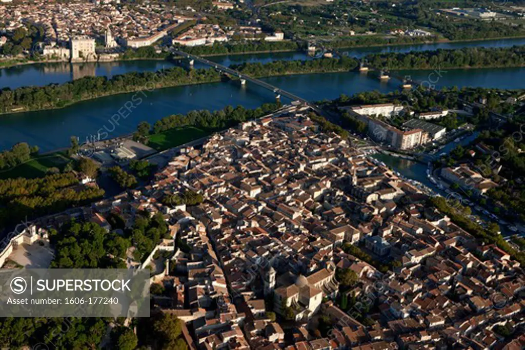 France, Gard (30), Beaucaire, a city founded in the seventh century BC. located in the Rhone Valley, in the background, the town of Tarascon, (aerial view),