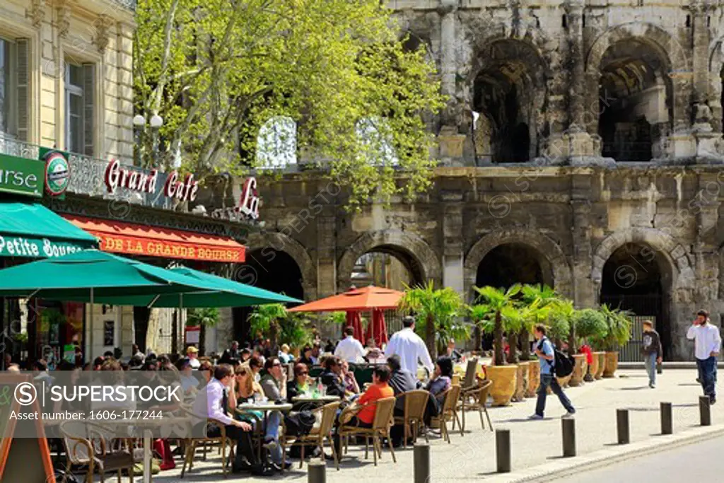 France, Gard (30), Nimes, a city of art and history, terrace restaurant at the Arena, the Roman amphitheater is classified a historical monument,