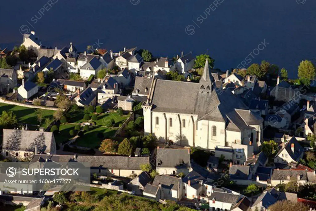 France, Indre-et-Loire (37), Candes-Saint-Martin labeled the most beautiful villages in France, St Martin Collegiate fortified thirteenth century historical monument, the Loire Valley, (aerial view)