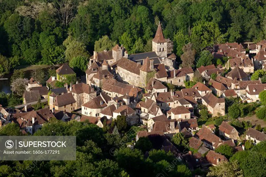 France, Lot (46), Village Carennac labeled the Most Beautiful Villages of France, Cluniac priory (eleventh century), medieval village (aerial view)