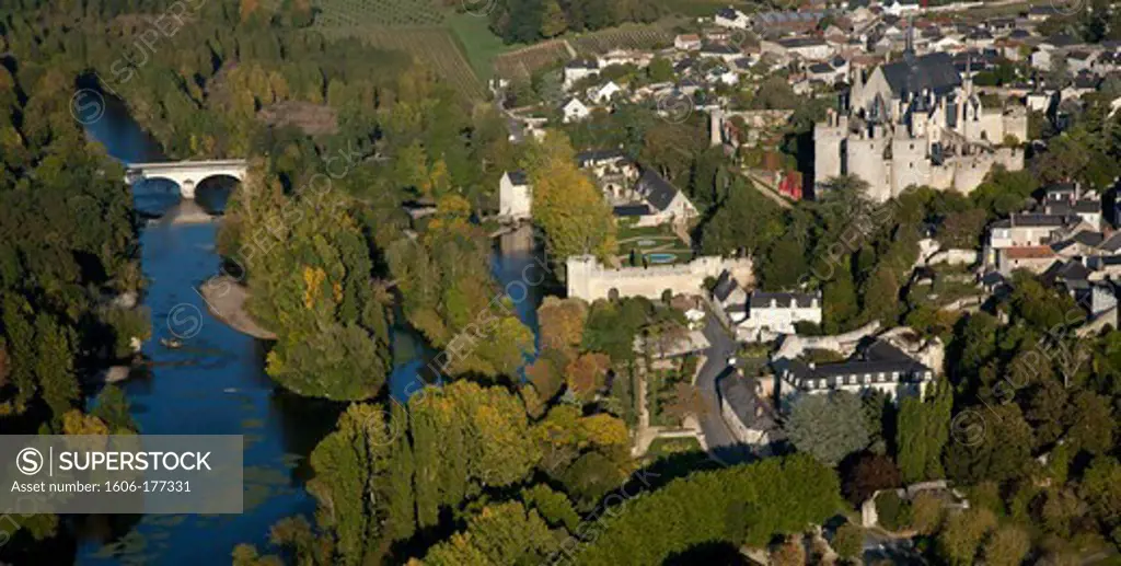 France, Maine et Loire (49), Montreuil-Bellay, village bordered by the river Thouet, located in the heart of the Regional Natural Park Loire-Anjou-Touraine, the castle and college Historical Monument, (aerial view)
