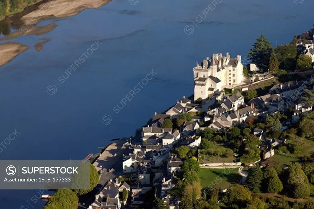 France, Maine et Loire (44), labeled Village Montsoreau The Most Beautiful Villages of France, the chateau of the fifteenth century, on the banks of the Loire, the vineyards of Loire wines, Champigny, Saumur, (aerial view),