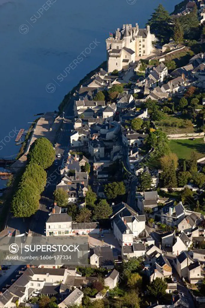 France, Maine et Loire (44), labeled Village Montsoreau The Most Beautiful Villages of France, the chateau of the fifteenth century, on the banks of the Loire, the vineyards of Loire wines, Champigny, Saumur, (aerial view),