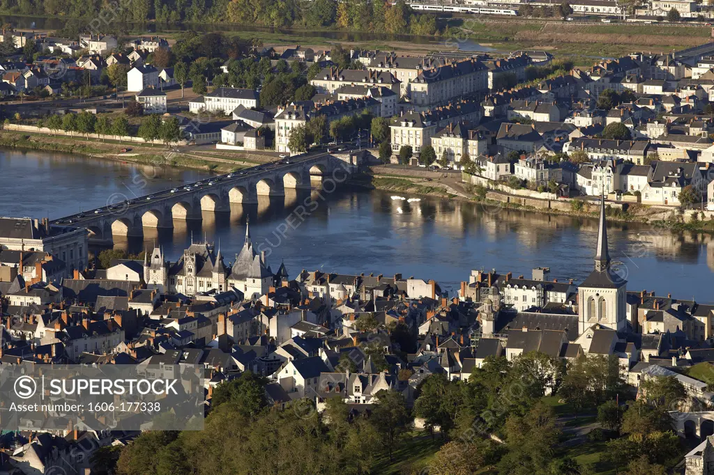 France, Maine et Loire (49), the city of Saumur, Loire Valley, the chateau (fifteenth century) is classified a historical monument, (aerial view)