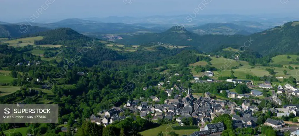 France, Puy de Dome (63), Besse-et-Saint-Anastaise, picturesque village, the Sancy, the Monts Dore, Regional Natural Park of Auvergne Volcanoes (aerial view)
