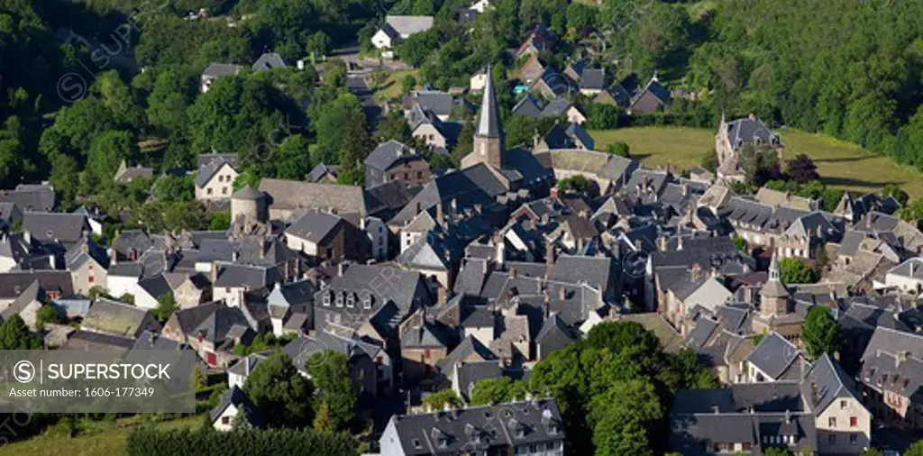 France, Puy de Dome (63), Besse-et-Saint-Anastaise, picturesque village, the Sancy, the Monts Dore, Regional Natural Park of Auvergne Volcanoes (aerial view)
