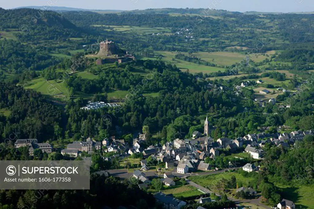 France, Puy de Dome (63), Murol, mountain village, dominated by the medieval castle of the twelfth century, the Sancy, the Monts Dore, (aerial view)