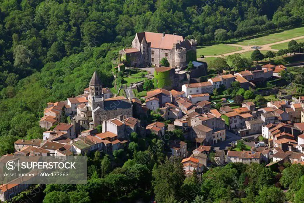 France, Puy de Dome (63), Saint-Saturnin, labeled The Most Beautiful Villages of France, dominated by the castle of the thirteenth century Romanesque church Auvergne, (aerial view)