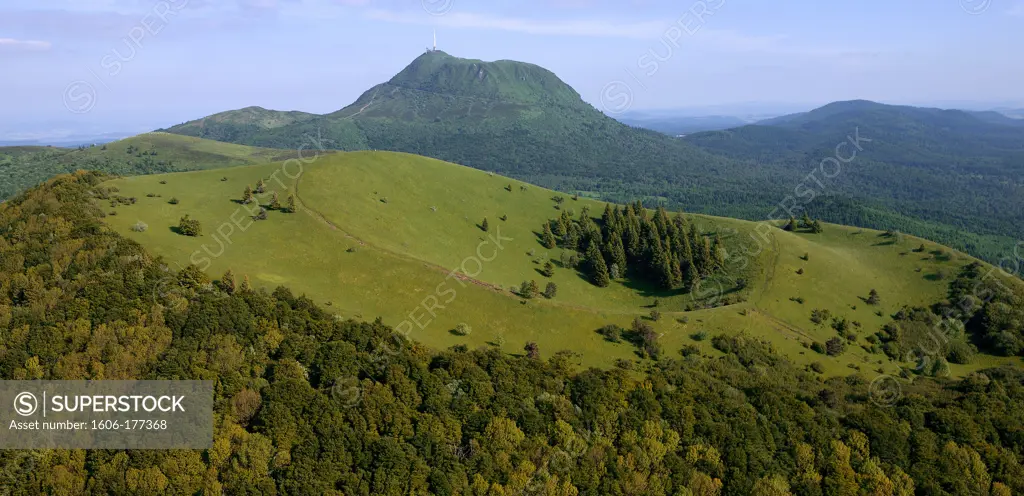 France, Puy de Dome (63), the Puy de Dome volcano is 1465 meters, of the Puys, labeled Grand Site de France, at the forefront of the Puy Pariou (aerial view)