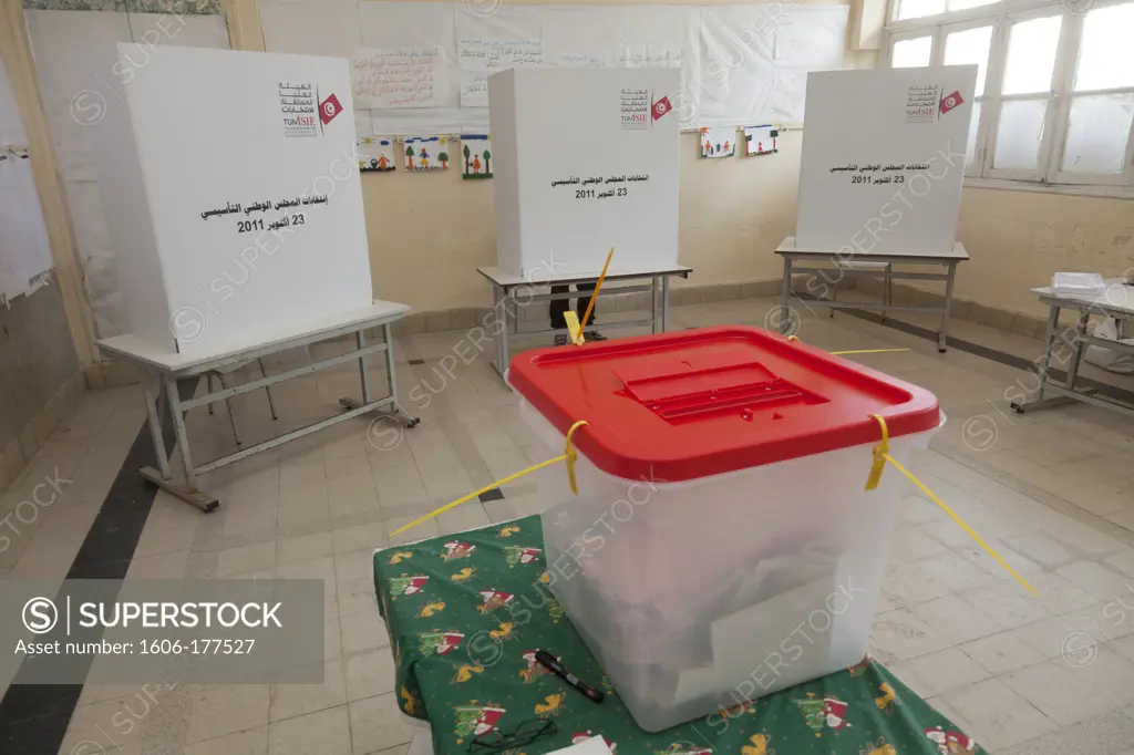Polling box and booths for the election of the Constituent assembly. Tunis. Tunisia.