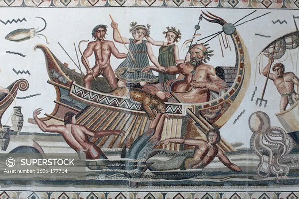 Mosaic depicting Ulysses's travels at Jerba airport. Tunisia.