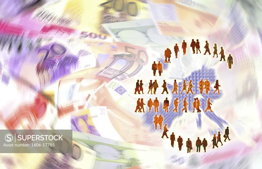 Euro sign made up of silhouettes upon 20, 50, 100 and 200 euro notes, map of Europe, superimposing, blurred effect