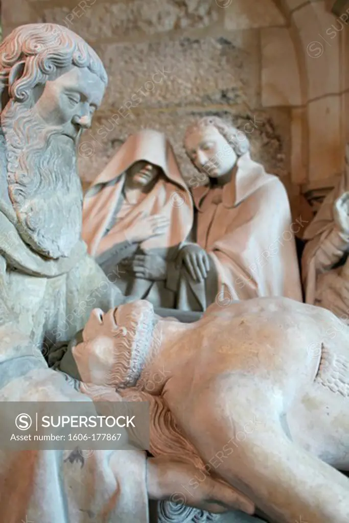 Detail of a statue depicting Christ's entombment in Hotel dieu. Joseph Arimathie is holding Jesus's head France.