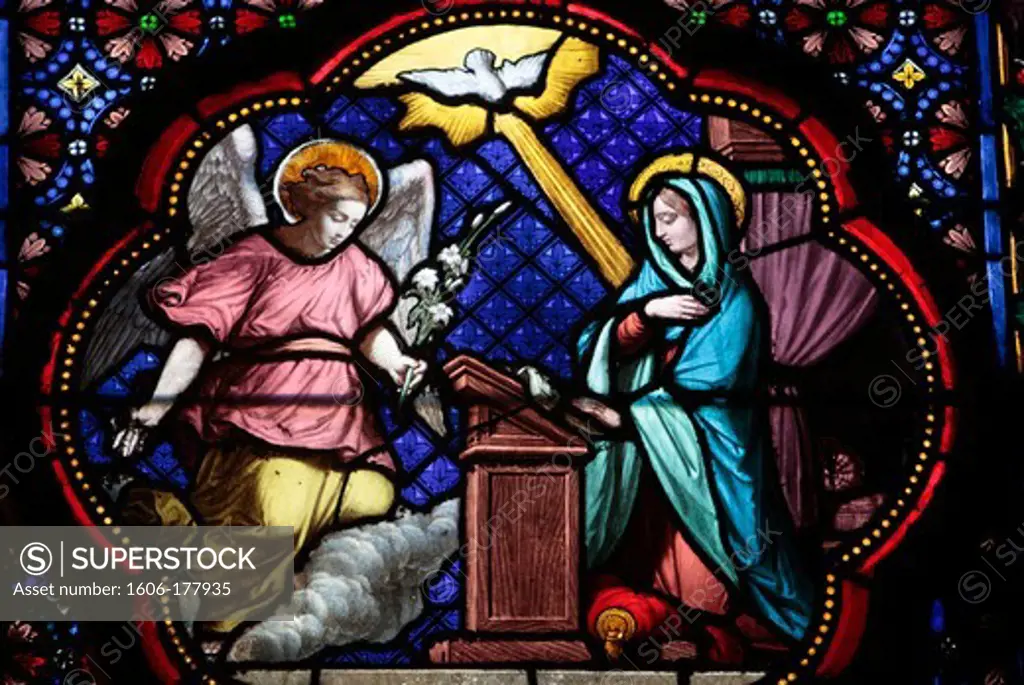 The annunciation of Mary stained glass in Sainte Clotilde church Paris. France.