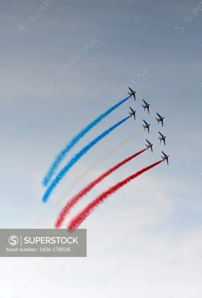 France, Etretat, Airshow of Alpha Jet aircrafts of Patrouille de France(French Acrobatic Patrol)