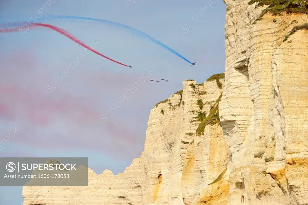 France, Etretat, Airshow of Alpha Jet aircrafts of Patrouille de France(French Acrobatic Patrol)
