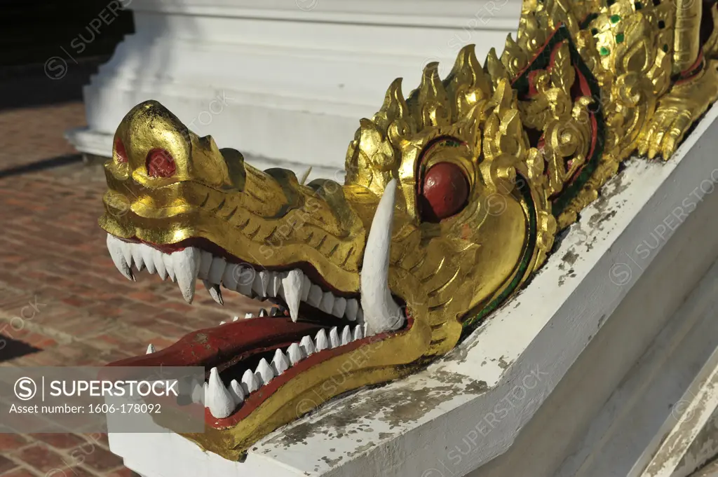 Asia, Southeast Asia, Laos, Luang Prabang, Haw Pha Bang temple in the Royal Palace, close up of a Dragon head