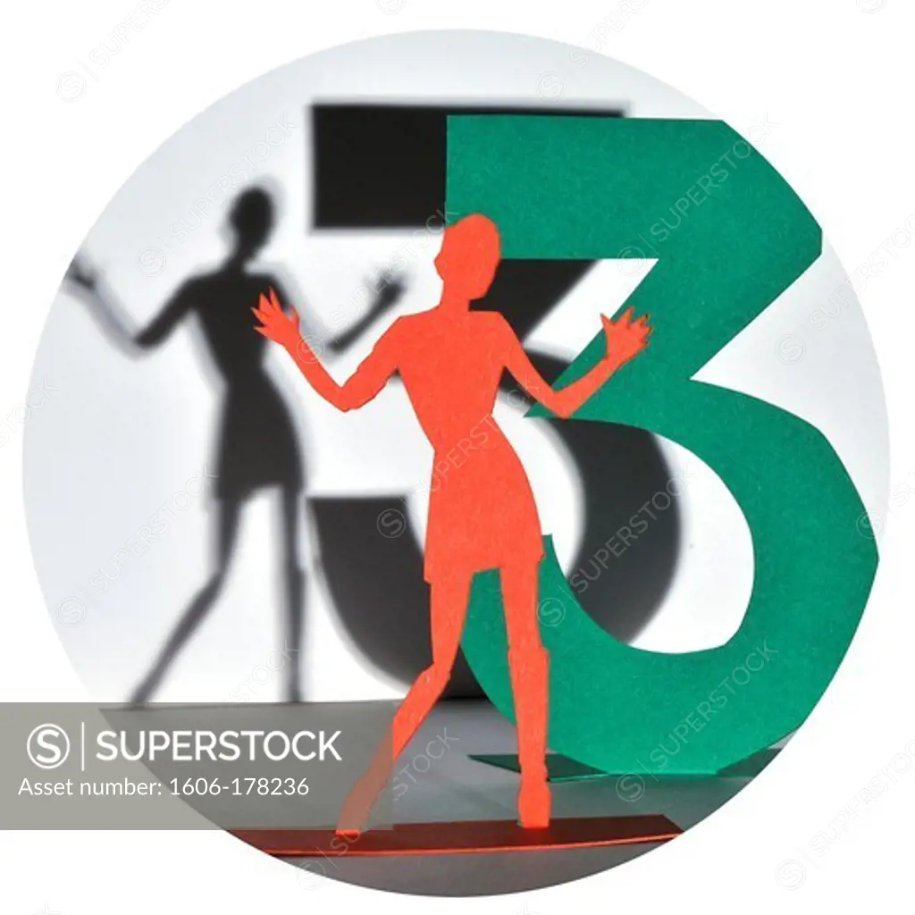 Numerology, number 3, a woman in standing red, arms outspread in front of the number in dark green, circular image