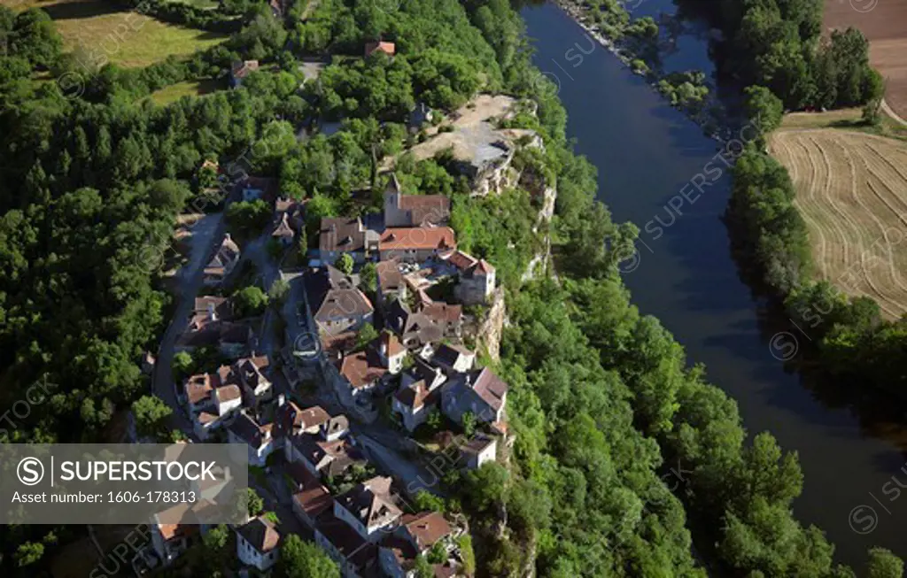 France, Lot (46), Calvignac France, Lot (46), perched village, situated in the Lot Valley, (aerial photo),