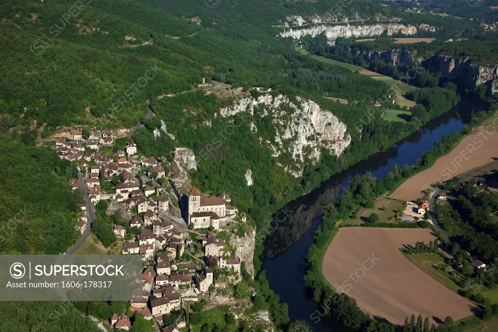 France, Lot (46), Saint-Cirq-Lapopie hilltop village located in the Lot Valley, labeled the Most Beautiful Villages of France, (aerial photo),