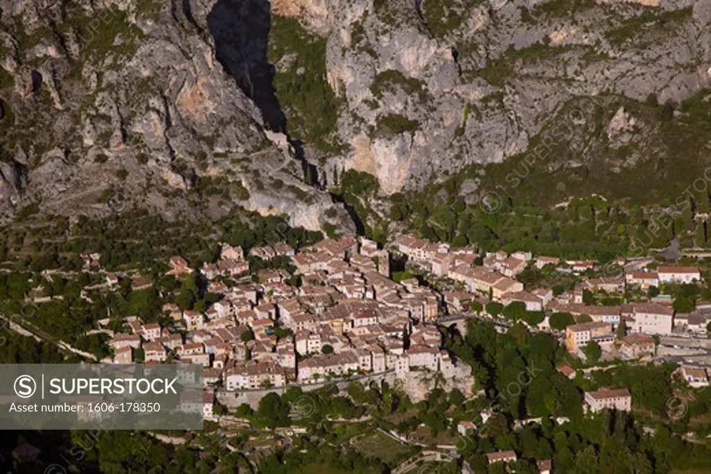 France, Alpes de Haute-Provence (04), village of Moustiers-Sainte-Marie, labeled The Most Beautiful Villages of France, the Verdon Gorge, (aerial photo)