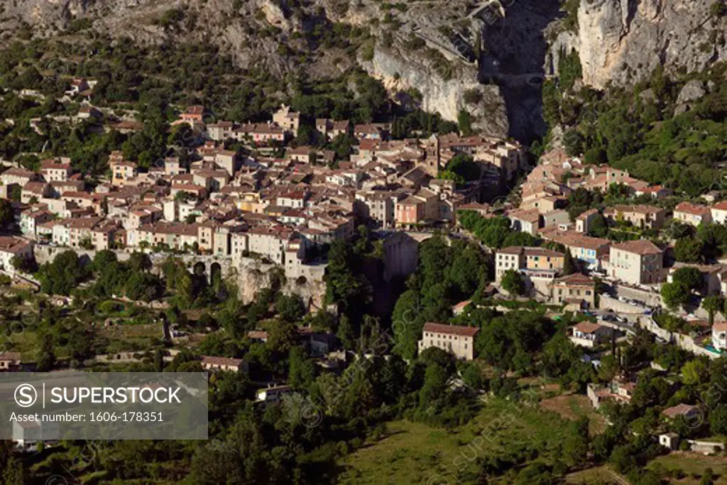 France, Alpes de Haute-Provence (04), village of Moustiers-Sainte-Marie, labeled The Most Beautiful Villages of France, the Verdon Gorge, (aerial photo)