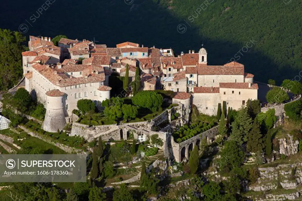 France, Alpes-Maritime (06), Gourdon perched village, labeled The Most Beautiful Villages of France (aerial photo)