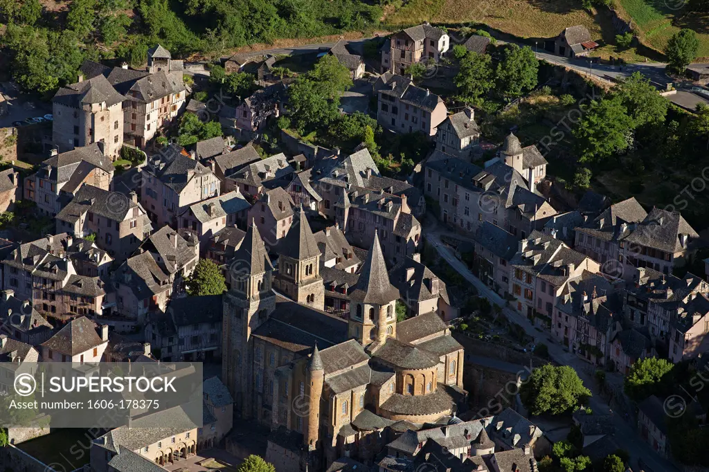 France, Aveyron (12) Conques, village labeled The Most Beautiful Villages of France, located on the road to Saint Jacques de Compostela, church of Sainte-Foy (aerial photo)