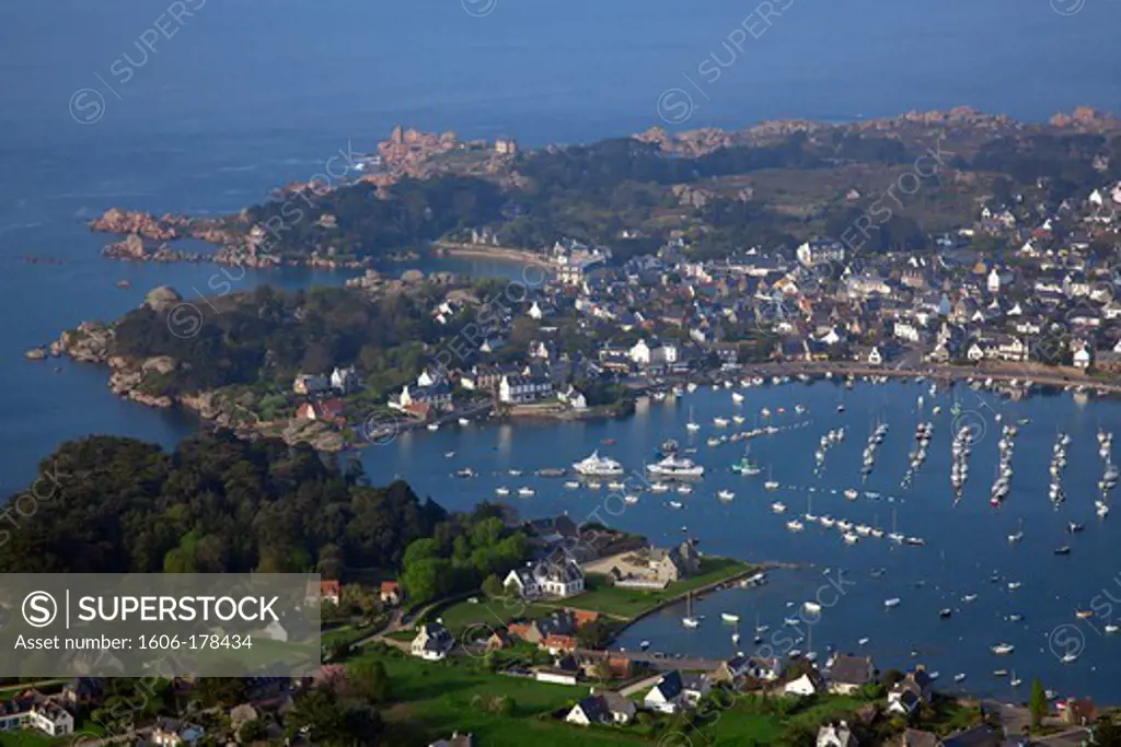 France, Cotes d'Armor (22), Ploumanach, general view of the harbor, the pink granite coast, (aerial photo)