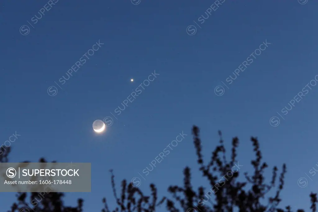 Moon crescent and Venus in a night sky