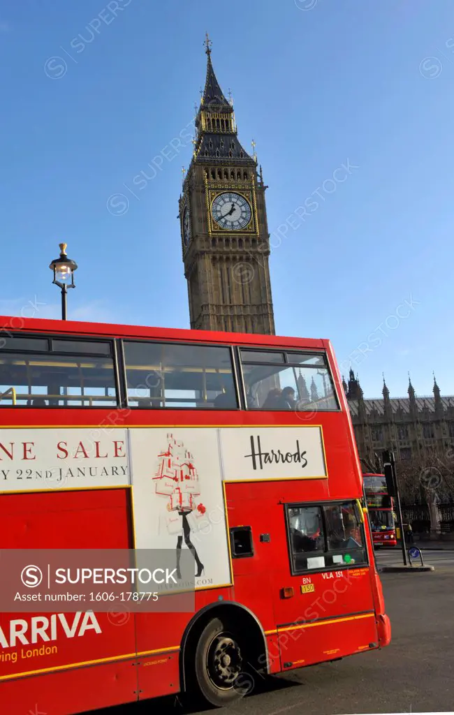 Big Ben clock tower and bus in London,England,United Kingdom