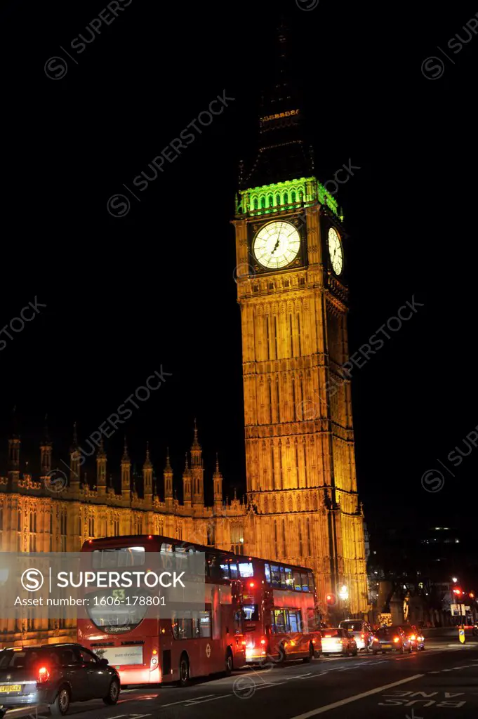 London double decker bus against Big Ben at night,England,United Kingdom,Big Ben
