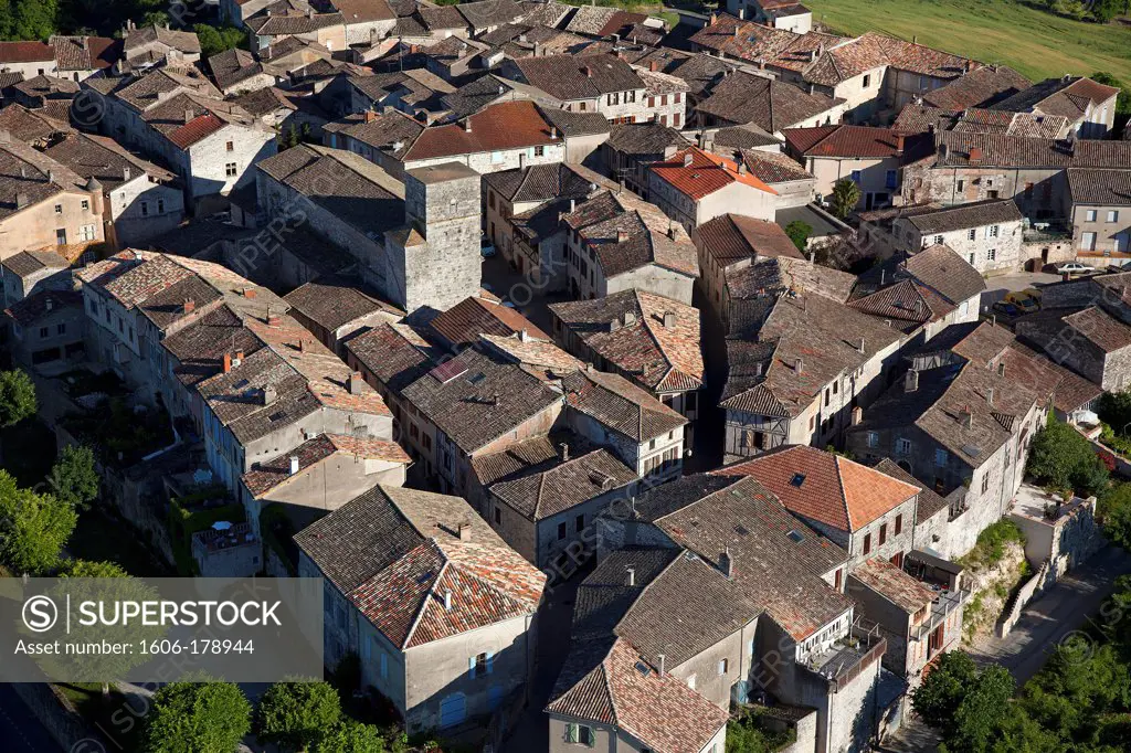 France, Tarn (81), Castelnau-de-Montmiral Village labeled the ""most beautiful villages in France"" (aerial photo),