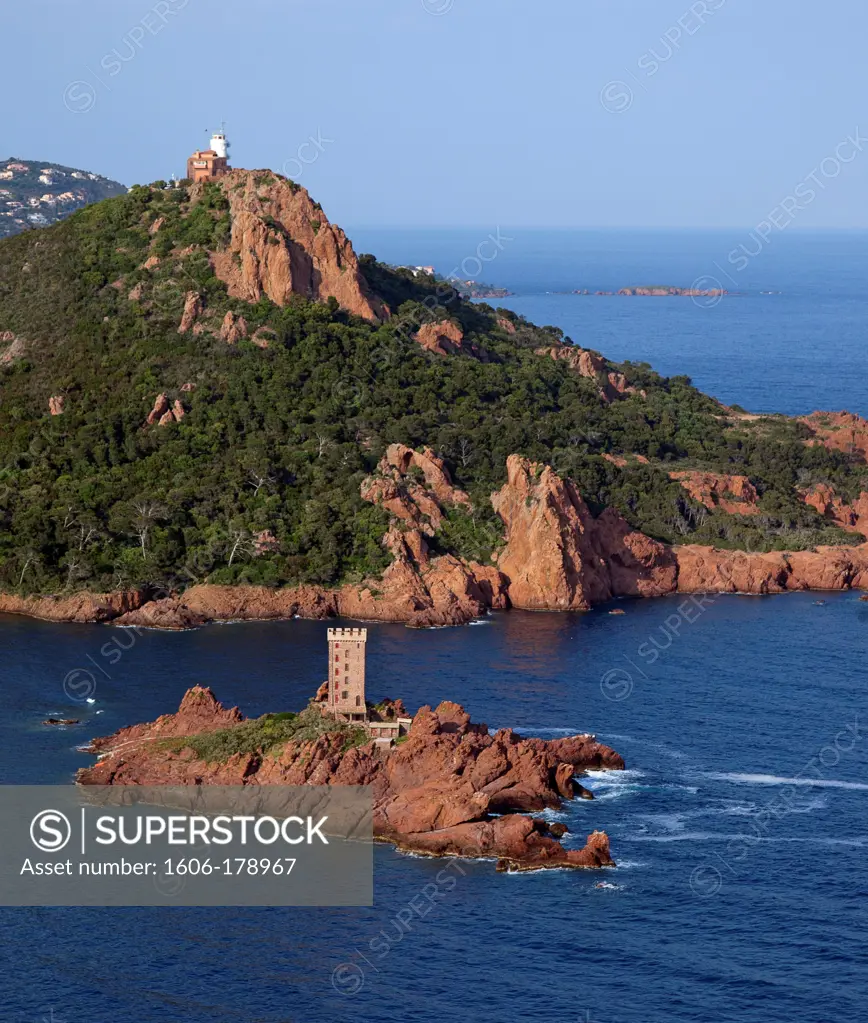 France, Var (83), The Esterel, the tip, and the lighthouse Dramont, the cornice of gold (aerial photo),