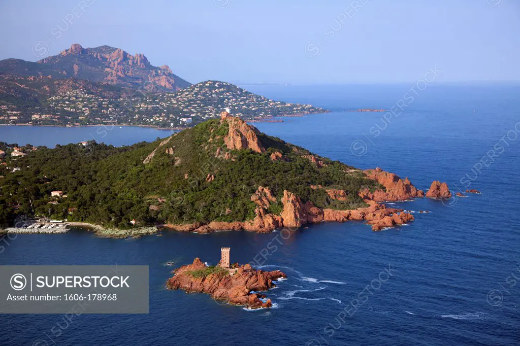 France, Var (83), The Esterel, the tip, and the lighthouse Dramont, the cornice of gold (aerial photo),