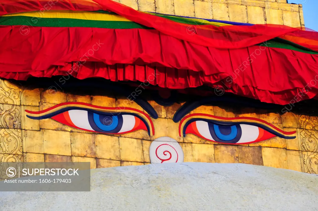 Nepal Kathmandou, Bodnath buddha's eyes at the Bodnath Stupa
