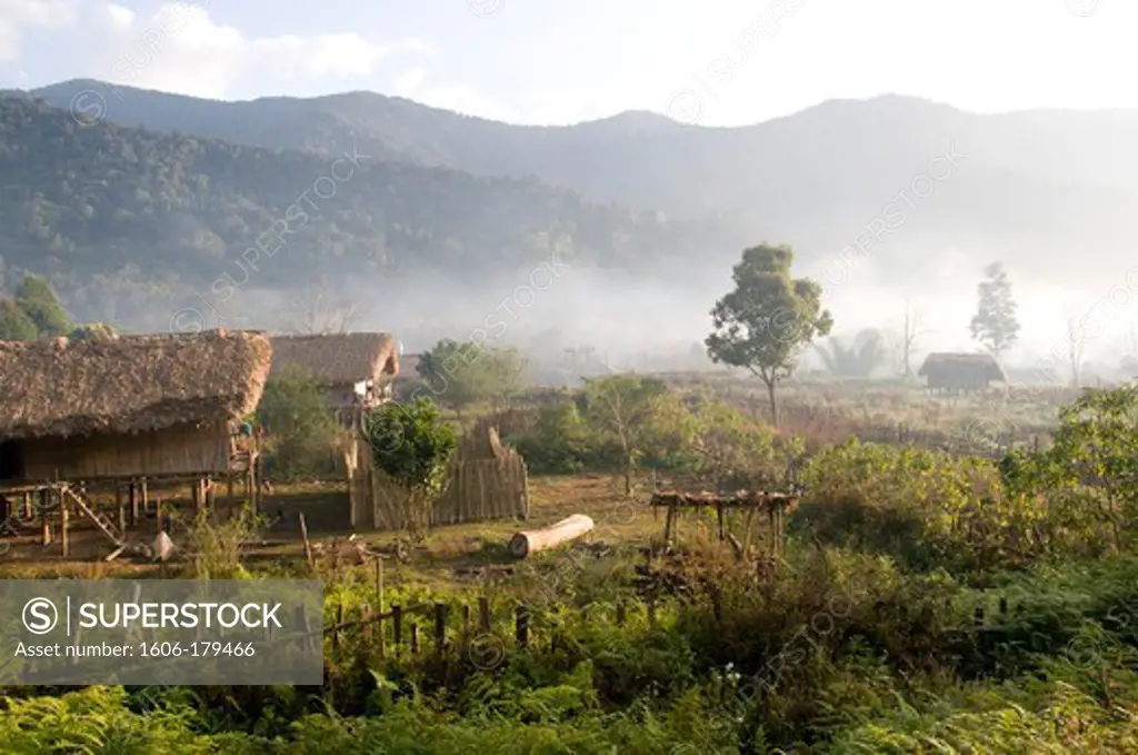Burma,Myanmar, PUTAO area, traditional bamboo huts