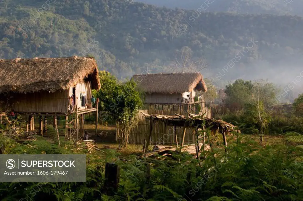 Burma, Myanmar, PUTAO area traditional bamboo huts