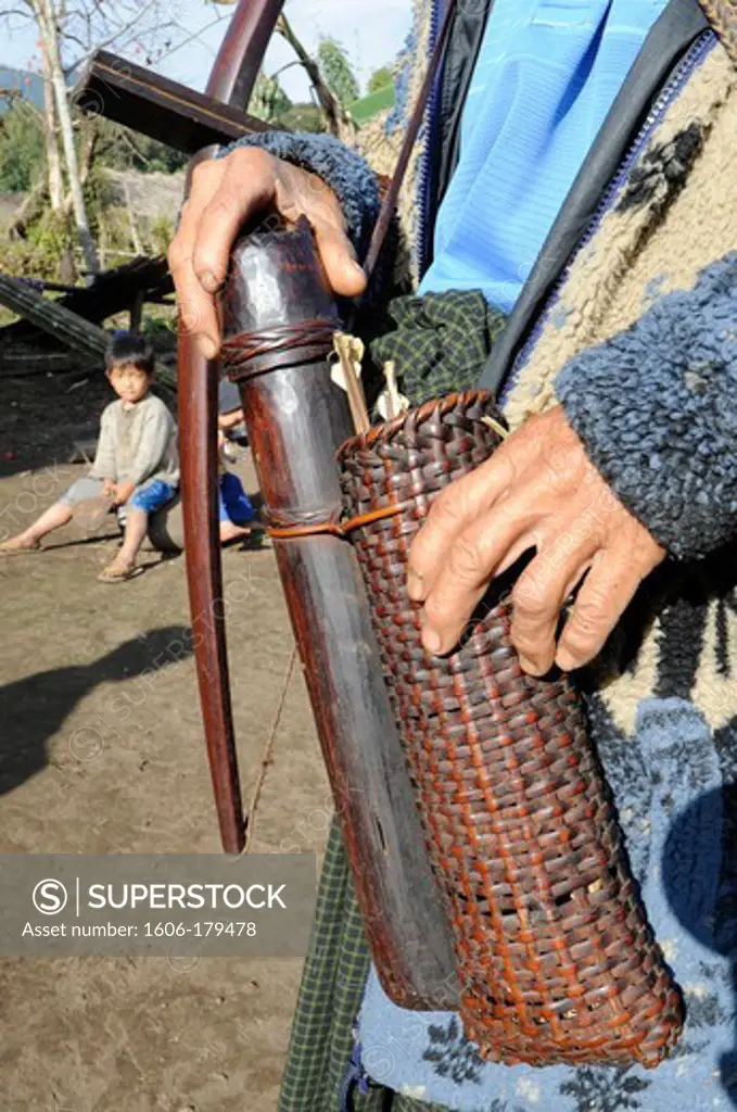Burma, Myanmar, Putao, details of a bamboo crossbow and a quiver of a traditional hunter