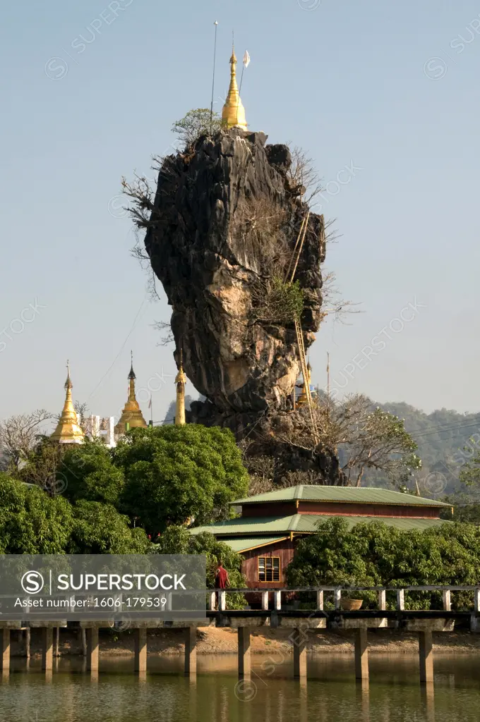 Myanmar Burma HPA   KYAUK KA LAT pagoda perched at the top of a rock on an island