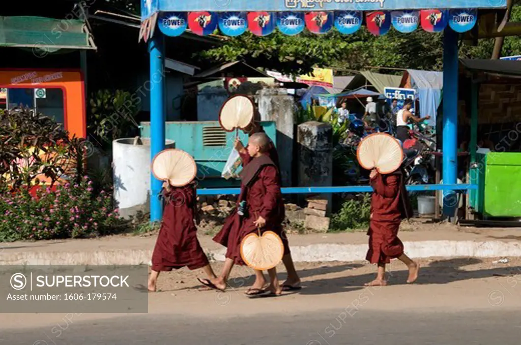 Myanmar Burma BAGO 4 young monks are walking in the street hanging a bamboo fan to protect themselves from the sun