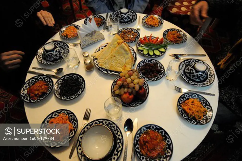 UZBEKISTAN SAMARKAND a table is covered with a dozen of plates of the local gastronomy
