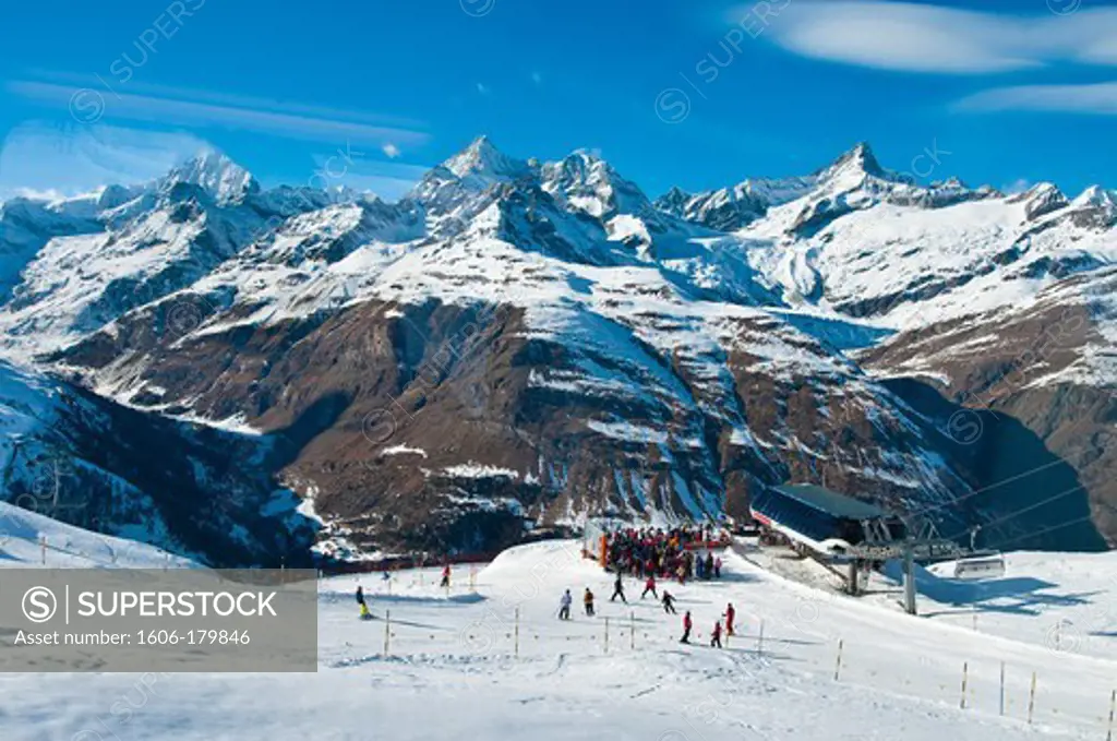 Europe, Switzerland, Alps mountains, Valais Province (VS), between Zermatt and Gornergrat summit, the rack-and-pinion Gornergrat train offers nice views over the valaisan Alps