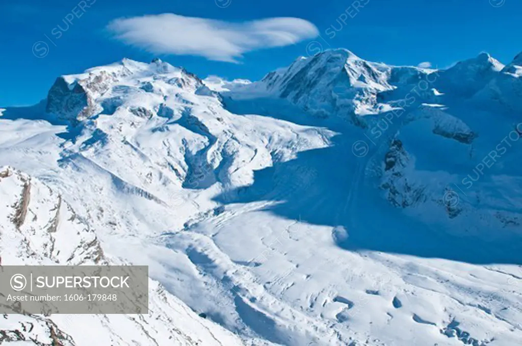Europe, Switzerland, Alps mountains, Valais Province (VS), between Zermatt and Gornergrat summit, the rack-and-pinion Gornergrat train offers nice views over the valaisan Alps