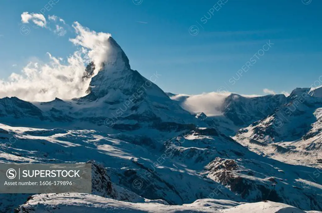 Europe, Switzerland, Alps mountains, Valais Province (VS), the famous Cervin Mount (Mattehorn in german) reaching 4478 metres