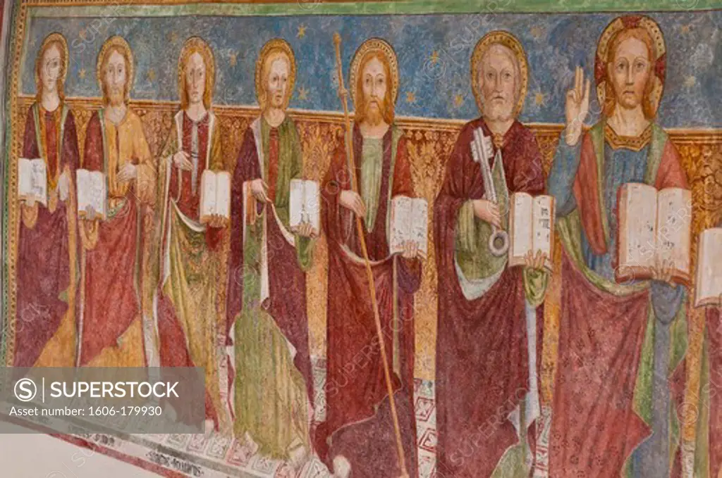 Europe, Switzerland, Alpes mountains, Grisons Province (GR), Albulaline listed on the Unesco World heritage in 2008, Bergün, Saint Florin Protestant church and its frescos representing apostles