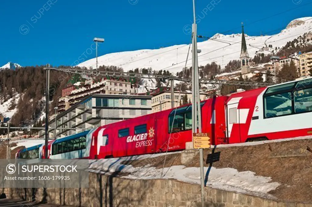 Europe, Switzerland, Alpes mountains, Grisons Province (GR), High Engadine Valley, St Moritz, the trainstation, it takes 7 hours to the Glacier Express train to go from St Moritz to Zermatt