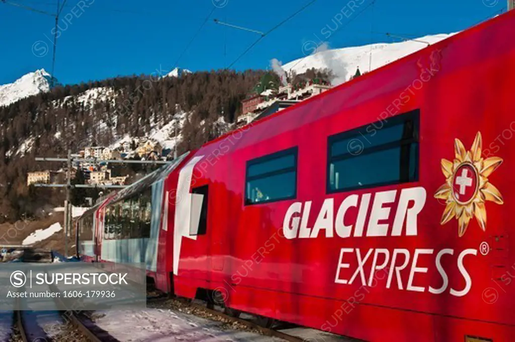 Europe, Switzerland, Alpes mountains, Grisons Province (GR), High Engadine Valley, St Moritz, the trainstation, it takes 7 hours to the Glacier Express train to go from St Moritz to Zermatt