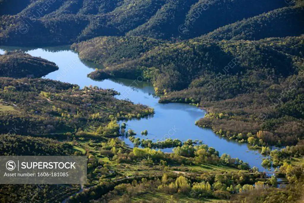 France, Var (83), Lake St. Cassian, located towards Fayence, the massive and tanneron Adrets-of-the Esterel (aerial photo),